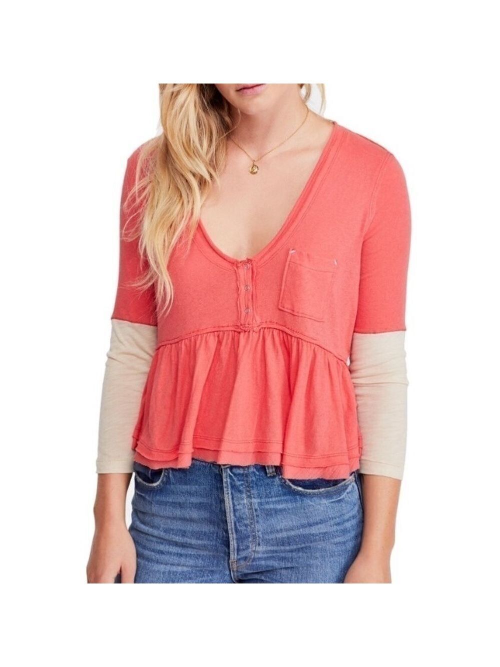 Nwot Free People Henley Colorblock Peplum Top